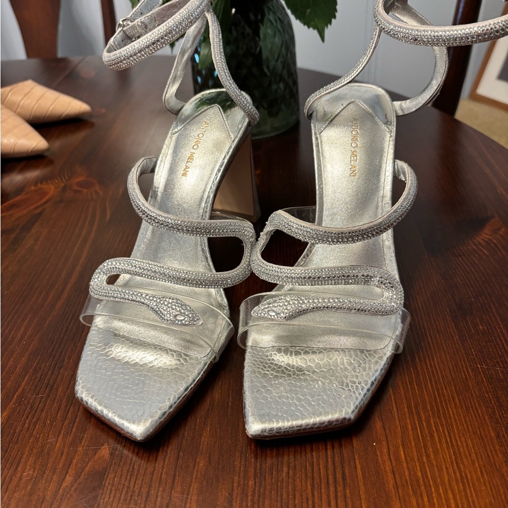 SZ 9 Antonio Melani Ninna Silver Rhinestone Snake Strap Heels | Reputation Era